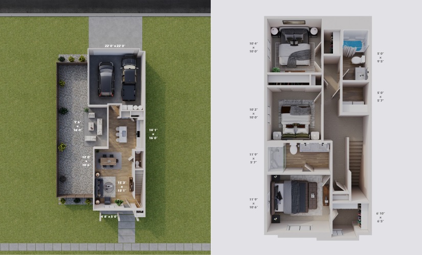 1460 Townhome - 3 bedroom floorplan layout with 2.5 bathrooms and 1460 square feet